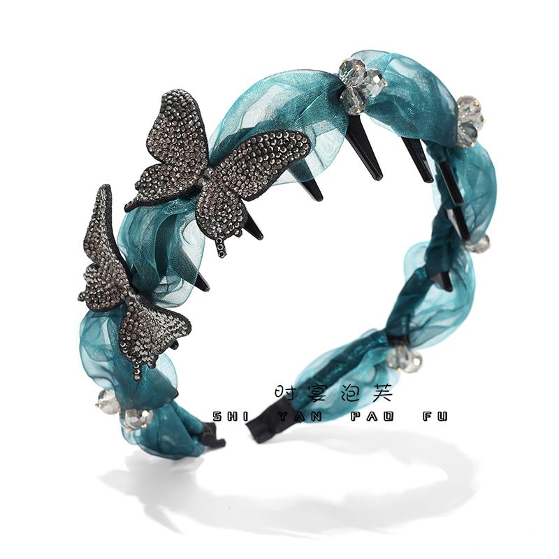 清冷苍蓝发箍碎钻蝴蝶手工透纱发饰原创设计休闲显高颅顶压发箍女