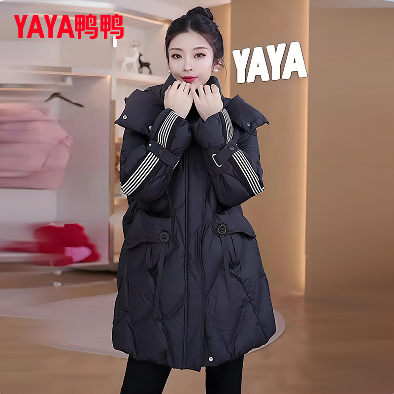 YAYA/鸭鸭羽绒服女中长款冬季时尚连帽条纹拼接外套YE3B624256A