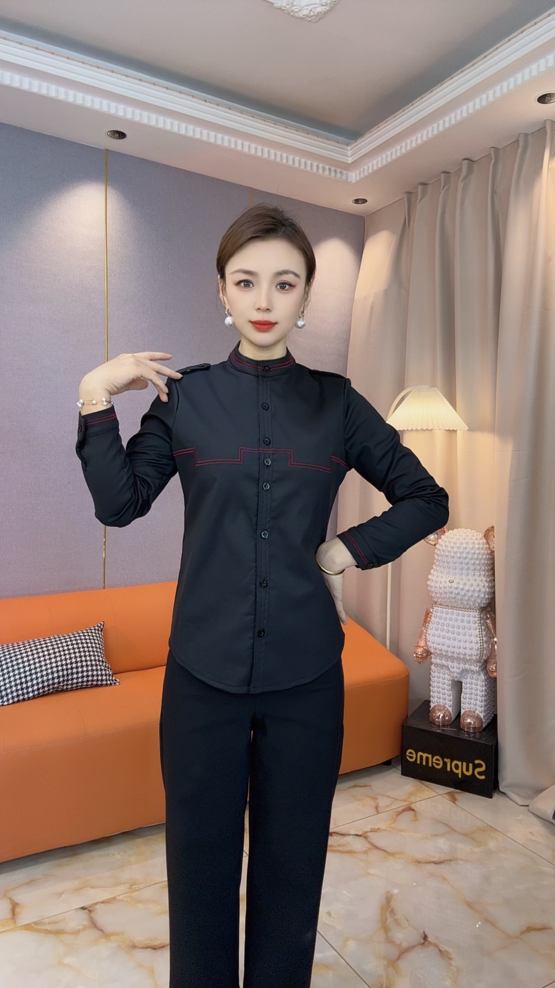 (加绒保暖)新款刺绣秋冬季立领显瘦时尚百搭气质女装衬衫X6083