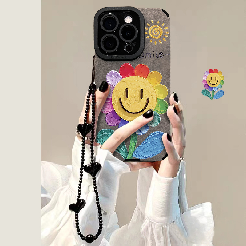 油画太阳花适用苹果华为vivo小米oppo瞳眼翻毛皮手链手机壳女防摔