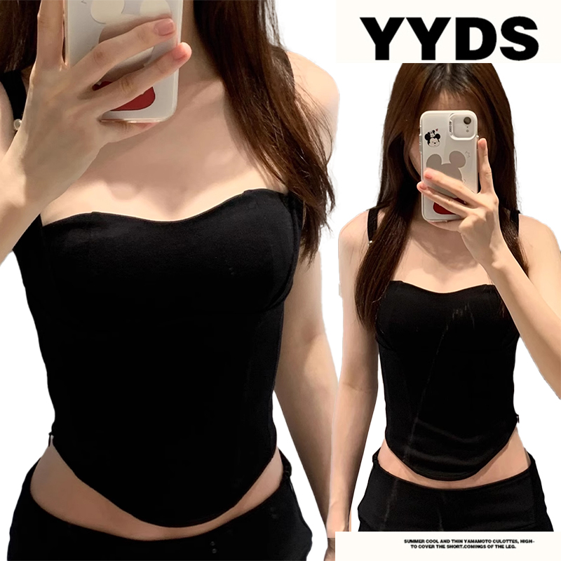 纯欲褶皱设计带胸垫吊带内衣女短款修腰胸衣舒适打底黑色抹胸背心