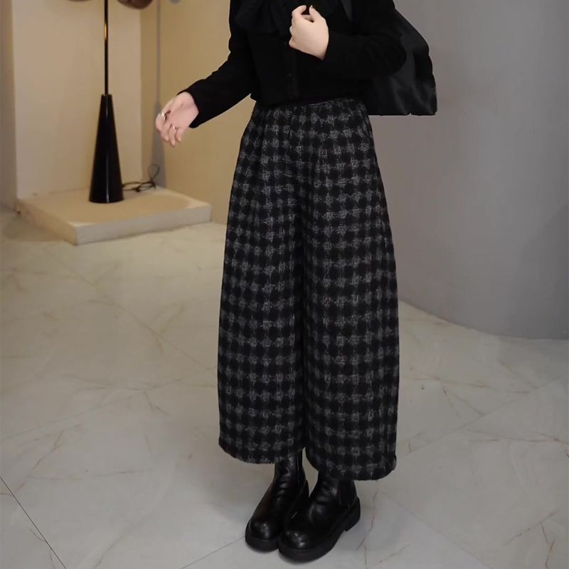 黑色复古格纹毛呢阔腿裤女2025年秋冬新款韩版加厚宽松显瘦九分裤