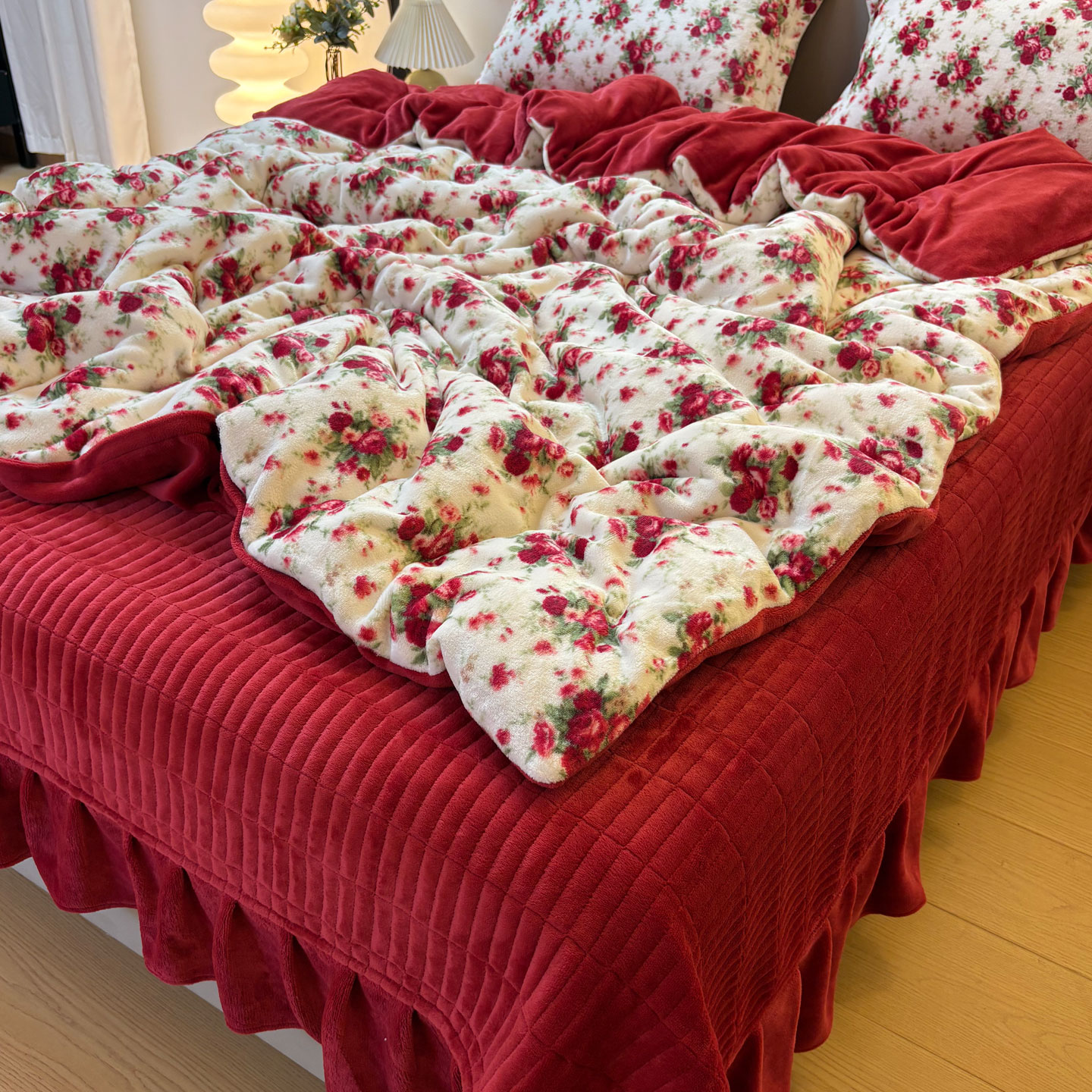 法式复古牛奶绒四件套床盖款冬季加厚双面法兰珊瑚绒被套夹棉床单