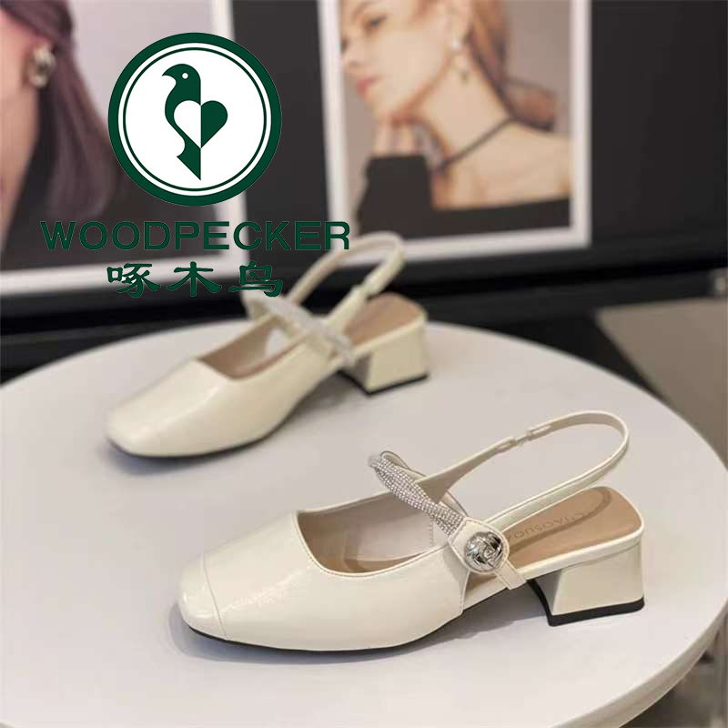 啄木鸟时装凉鞋女2025夏新款百搭粗跟后绊带气质通勤后空玛丽珍鞋