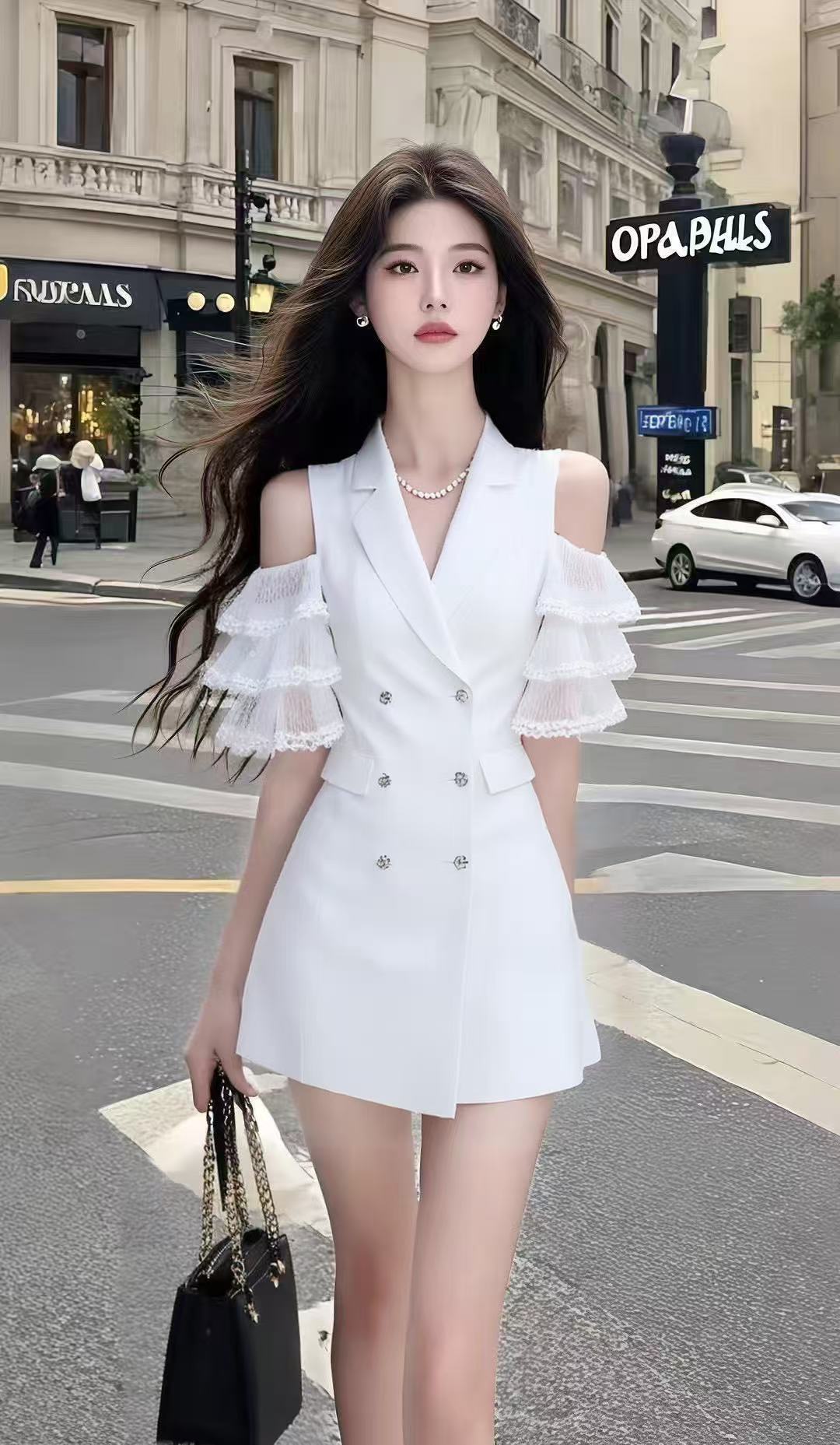 夏季新款轻奢优雅通勤风白色V领收腰露肩设计连衣裙时尚气质女装