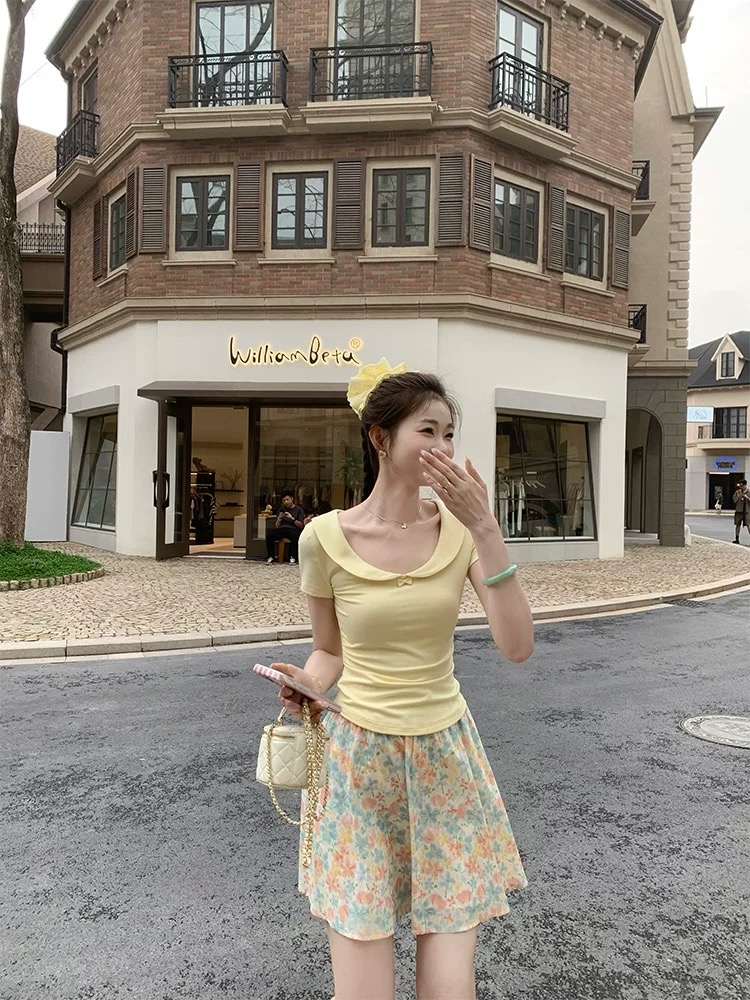 奶黄色娃娃领蝴蝶结短袖t恤女夏季设计感收腰修身短款显瘦上衣