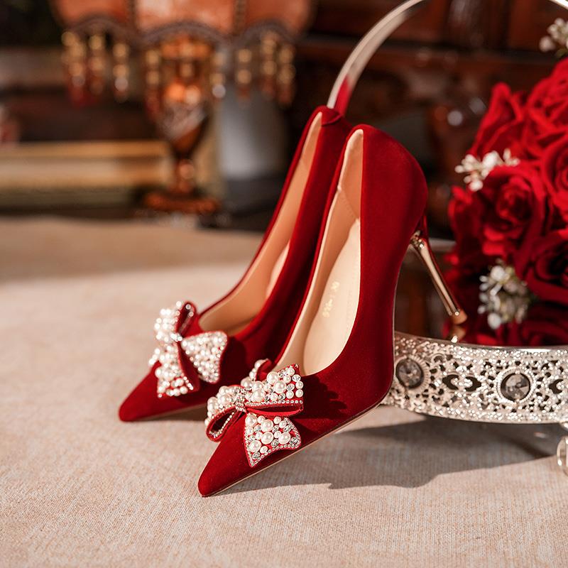 【万达撤柜】不累脚中式婚鞋红色新娘鞋秀禾服珍珠敬酒服2024新款蝴