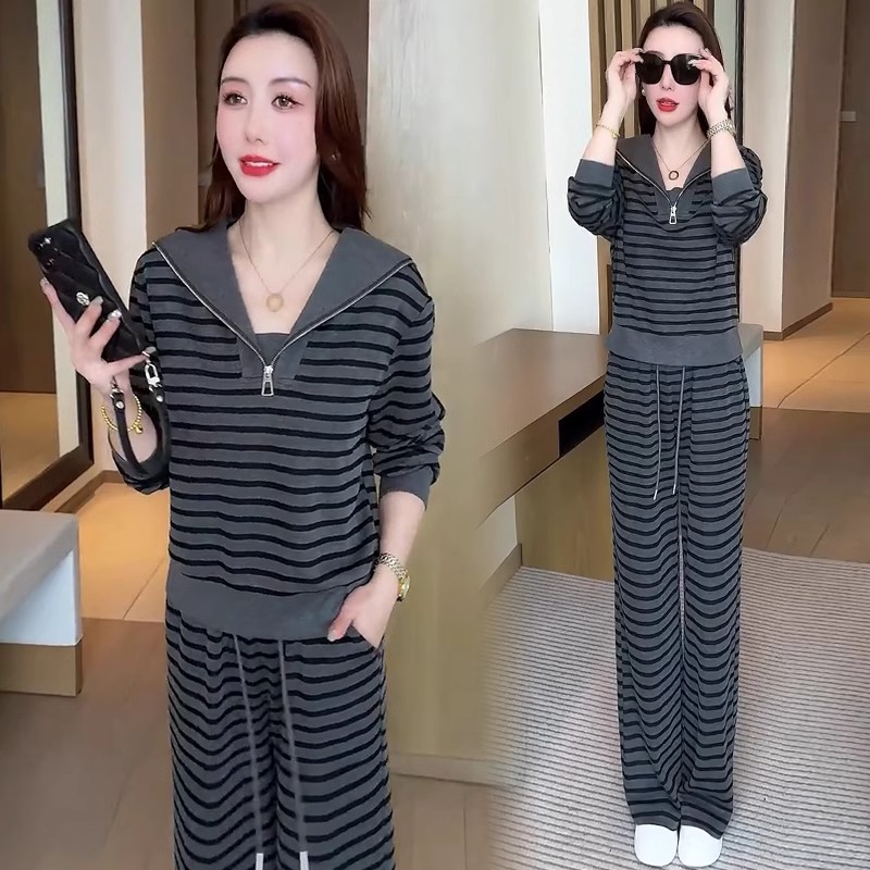 时尚休闲套装女2025春季新款洋气显瘦海军领条纹上衣阔腿裤两件套