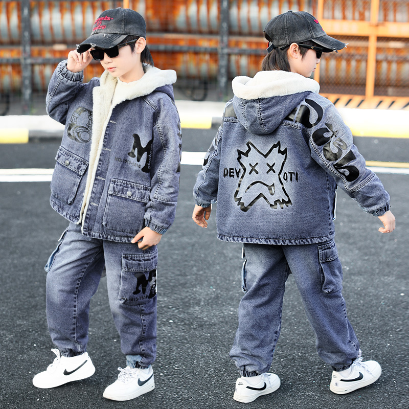 男童加绒套装冬季2025新款儿童冬装牛仔两件套中大童男孩加厚衣服