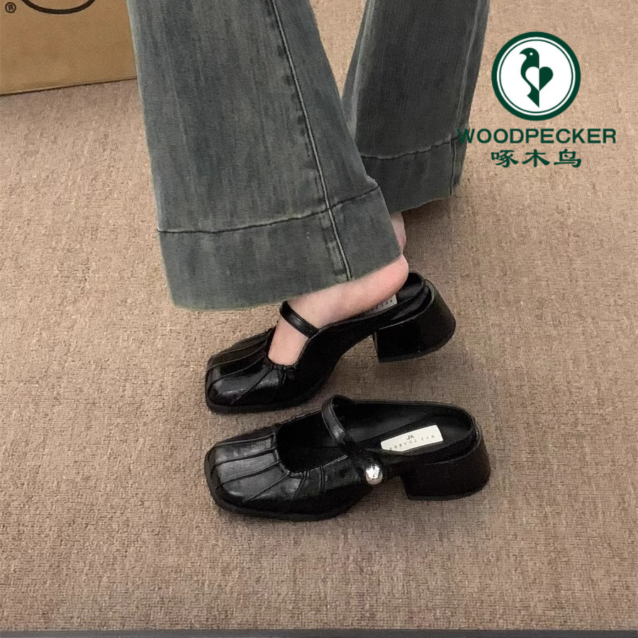 啄木鸟高跟包头半拖鞋女外穿2025年新款春夏季中跟银色玛丽珍单鞋
