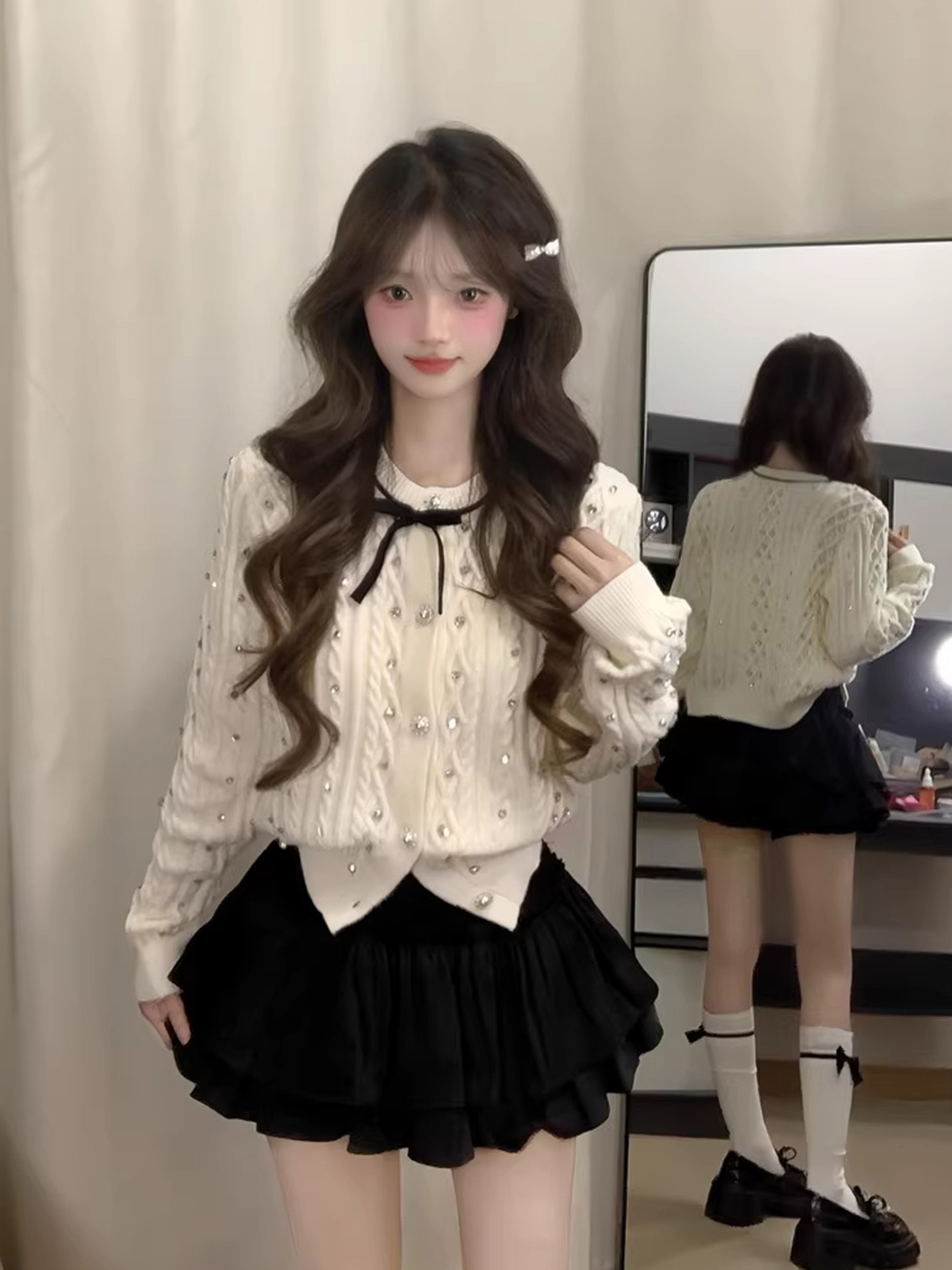 小香风蝴蝶结麻花针织开衫上衣女设计感白色甜美气质毛衣外套秋冬