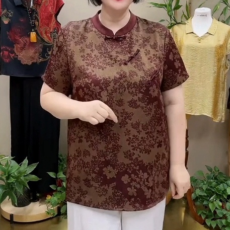 夏季中长款旗袍领半袖妈妈上衣百搭时尚休闲舒适