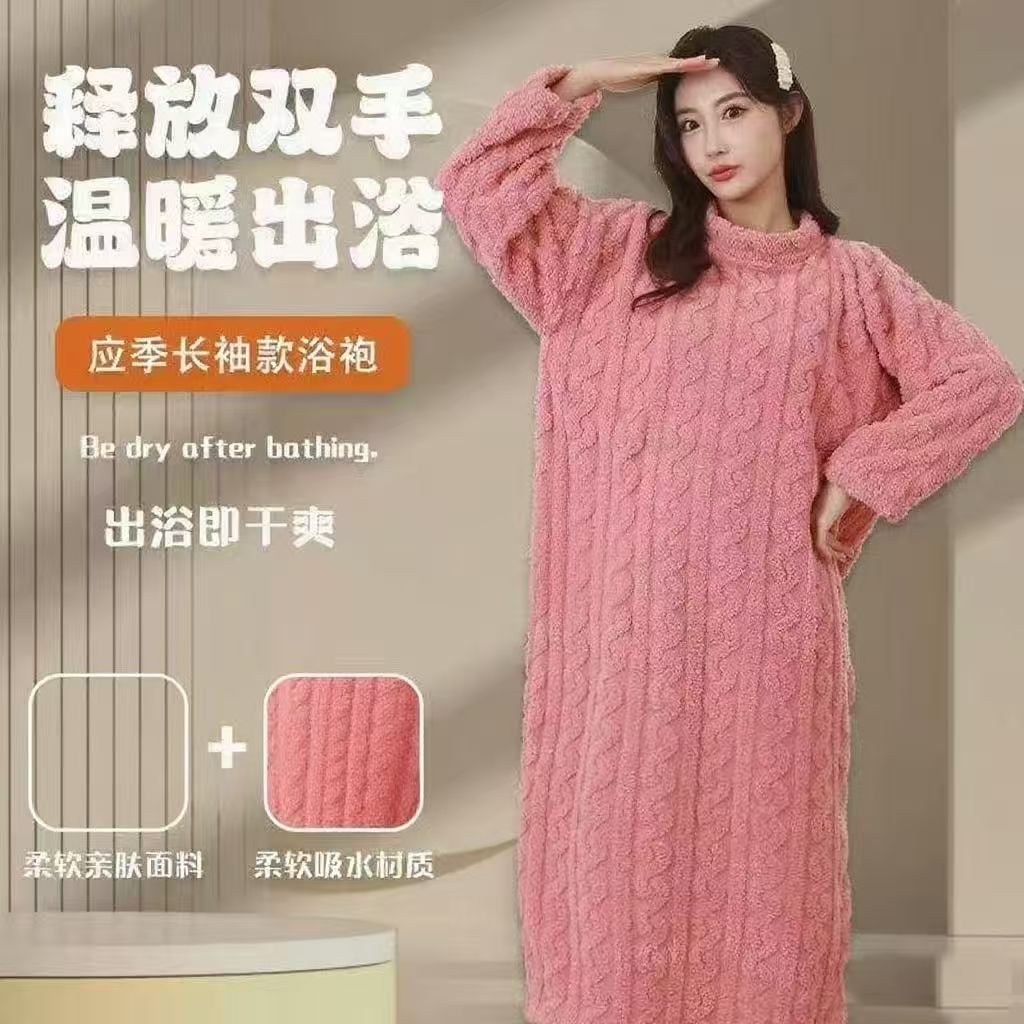 睡衣行走冬季被子绒绒睡裙提花长款宽松保暖口袋珊瑚家居睡袍hh