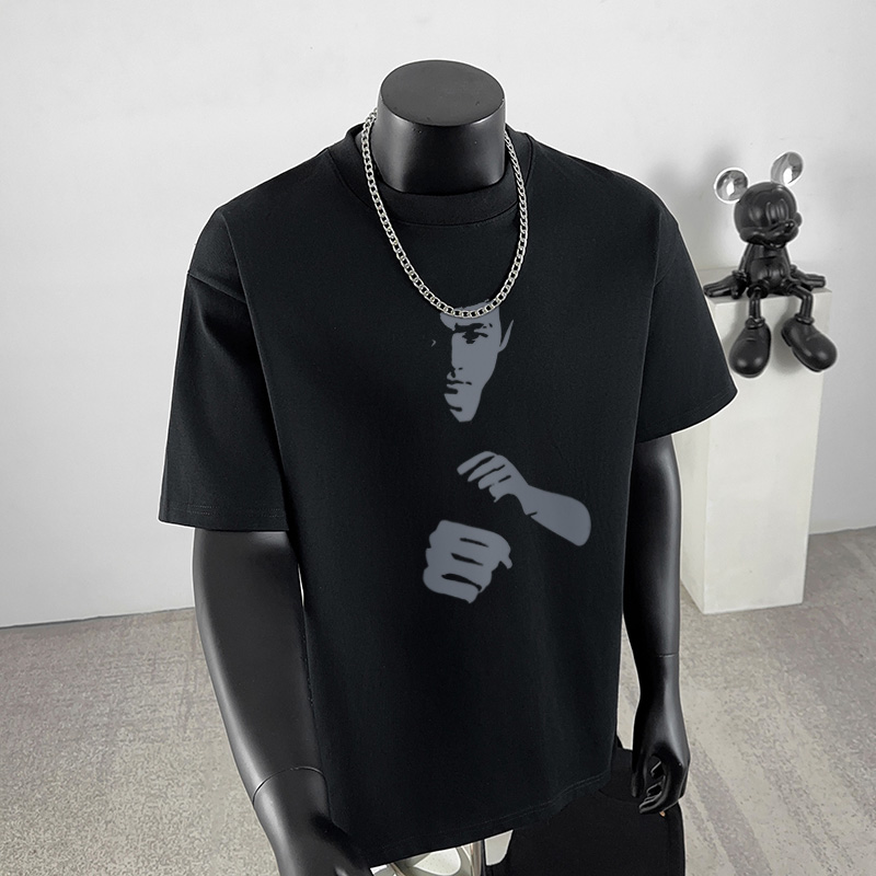 国潮ins李小龙印花纯棉短袖t恤男夏季高街设计感百搭休闲重磅上衣