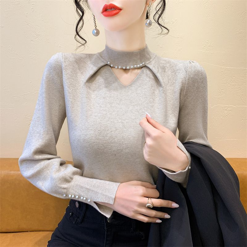 2025新款秋季镂空钉珠半针织衫女高级感气质修身打底显瘦内搭上衣