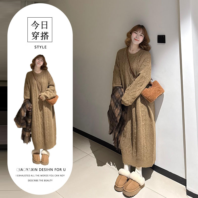 韩系设计感慵懒风麻花针织连衣裙女宽松长款毛衣裙秋冬新款长裙子