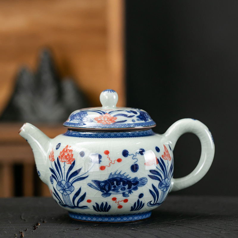 手绘彩青花鱼藻茶壶家用功夫茶壶老陶泥泡茶壶带滤孔茶具茶器中式