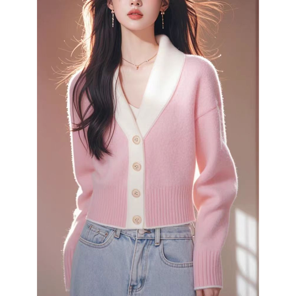 时尚气质甜美单排扣v领软糯舒适上衣秋季优雅氛围感针织衫女洋气