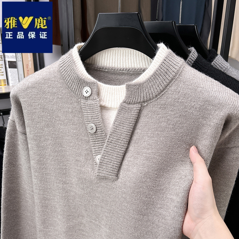 雅鹿新款假两件圆领纽扣针织衫秋冬季宽松加厚时尚韩版男士毛衣潮
