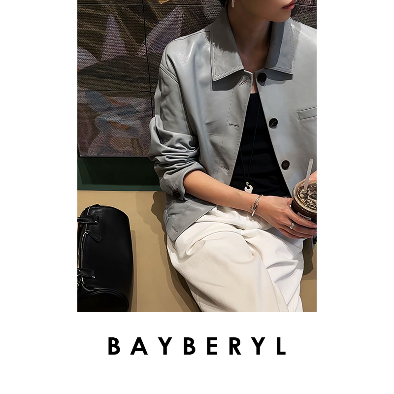 BAYBERYL老贝腊梅*油蜡干练百搭翻领单排扣皮衣9PY5F0725