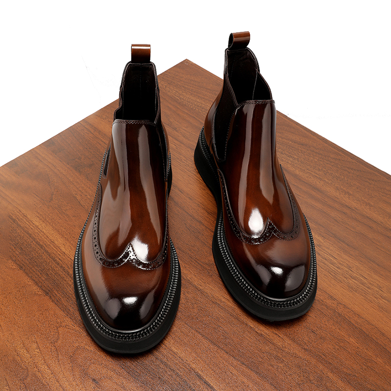 切尔西靴男款布洛克雕花厚底亮面真皮男士加绒马丁靴男短靴子冬季