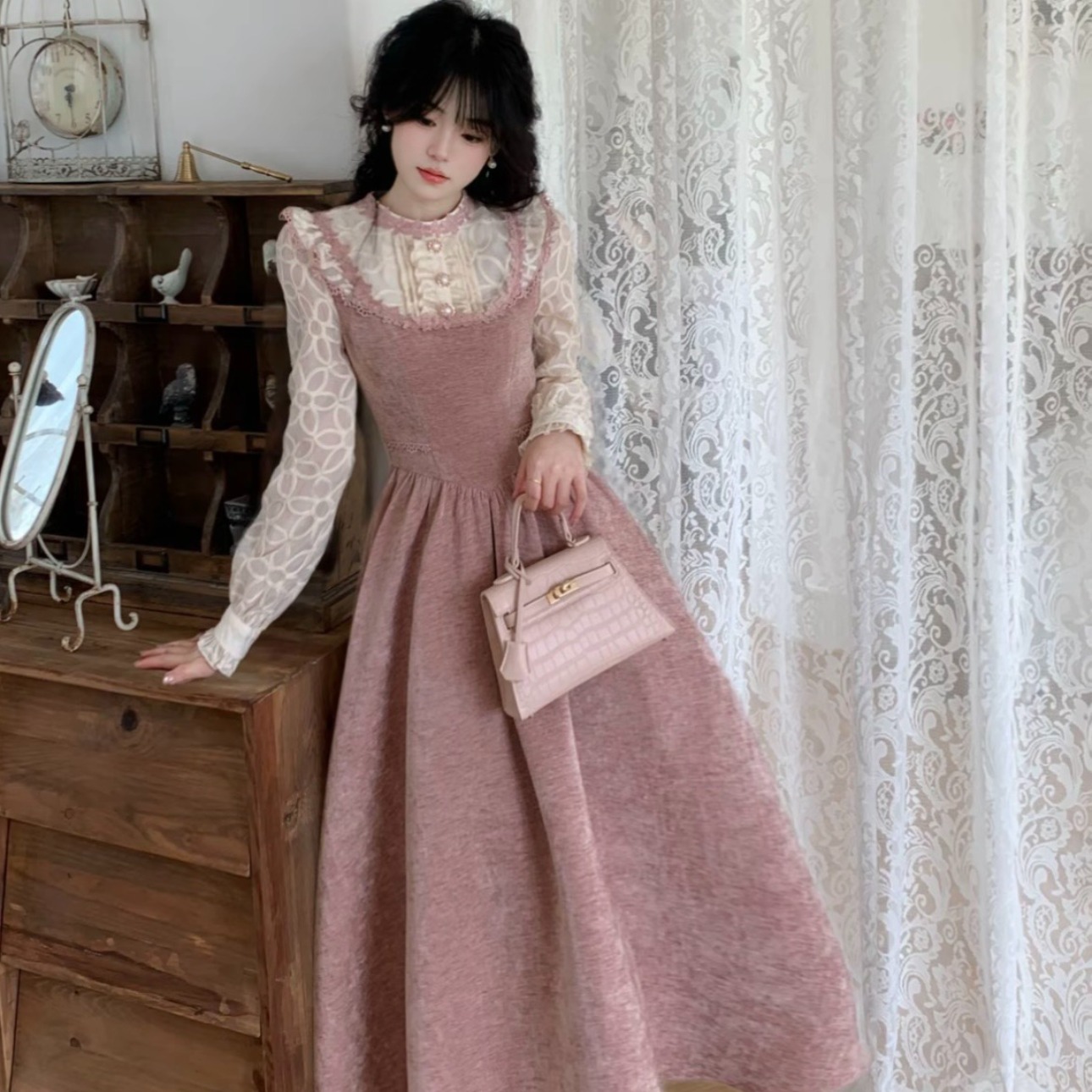 大码法式秋冬季新款宫廷风绝美质感细胖MM收腰显瘦长袖礼服连衣裙