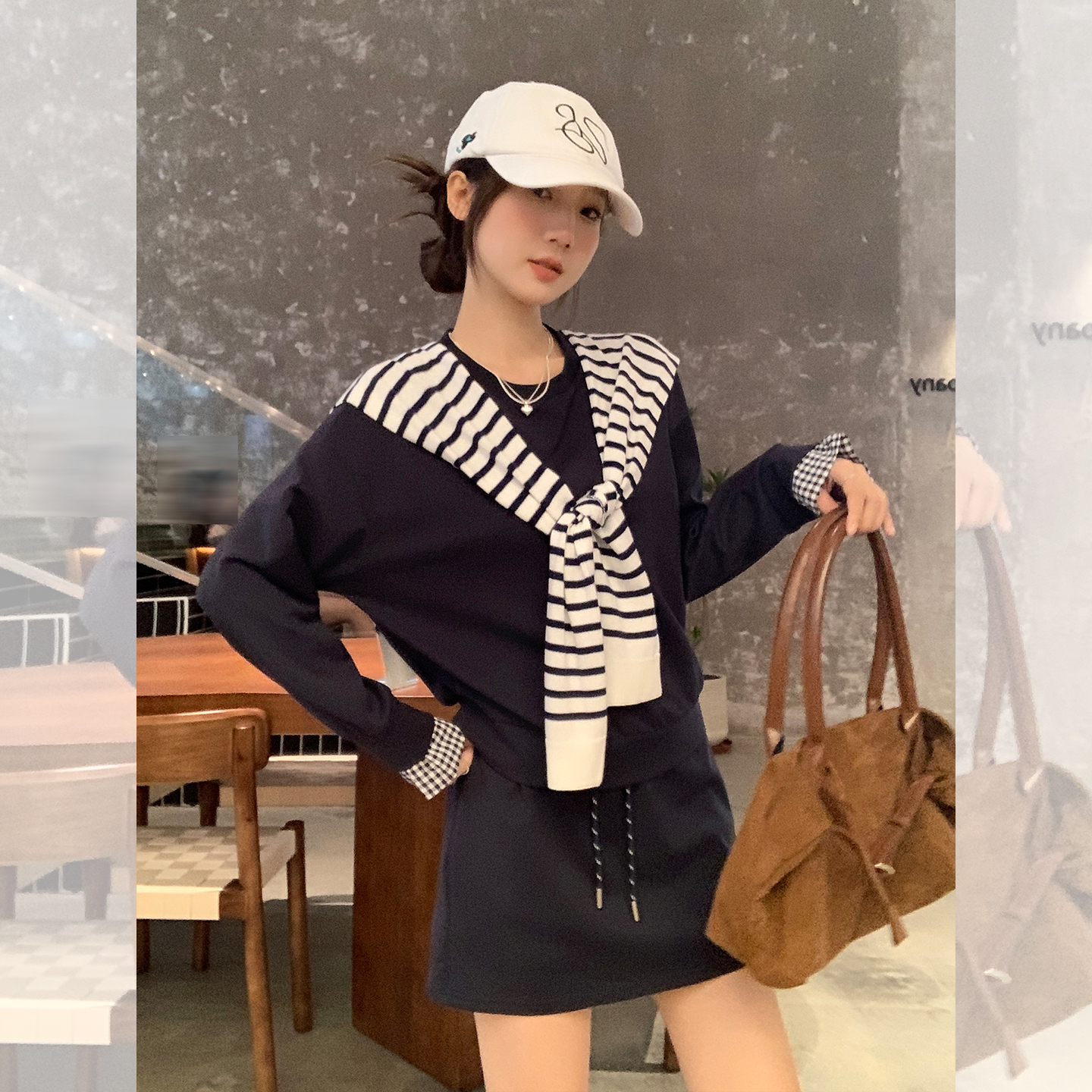2025秋季格纹拼接撞色卫衣套装新款小个子短裙韩系两件套条纹百搭