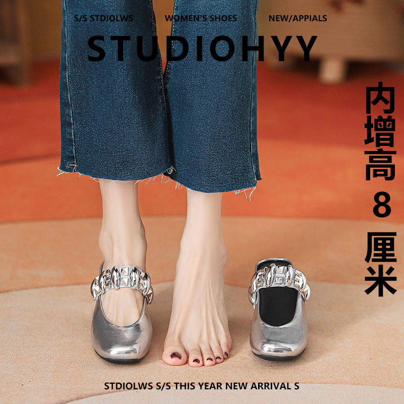 【禾央央】8cm小个子内增高玛丽珍鞋女单鞋粗跟浅口方头包头凉拖鞋