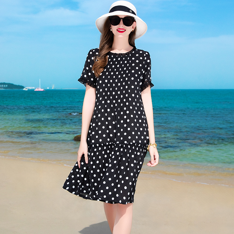 100%桑蚕丝连衣裙女短袖圆领优雅气质小个子裙印花中裙-1102