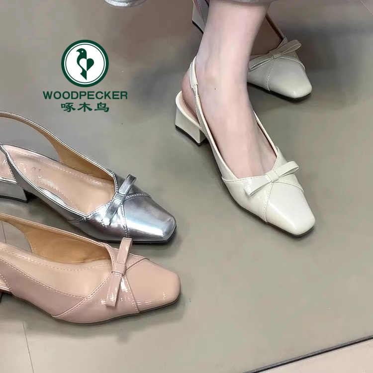 啄木鸟法式方头蝴蝶结粗跟包头凉鞋女2025春夏季浅口温柔气质单鞋