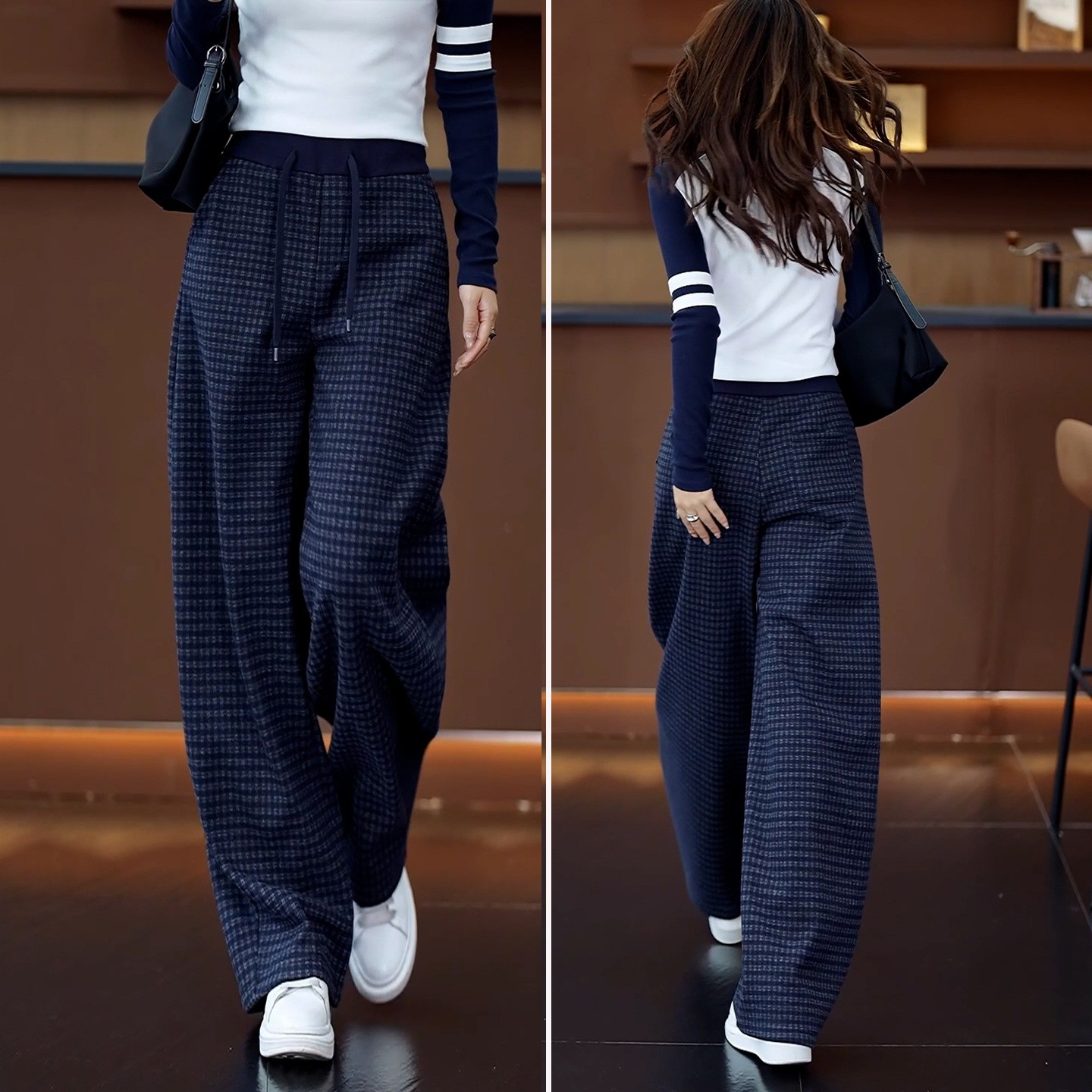 显瘦格子秋冬高腰阔腿裤休闲裤休闲直筒长裤外穿复古宽松加厚冬季