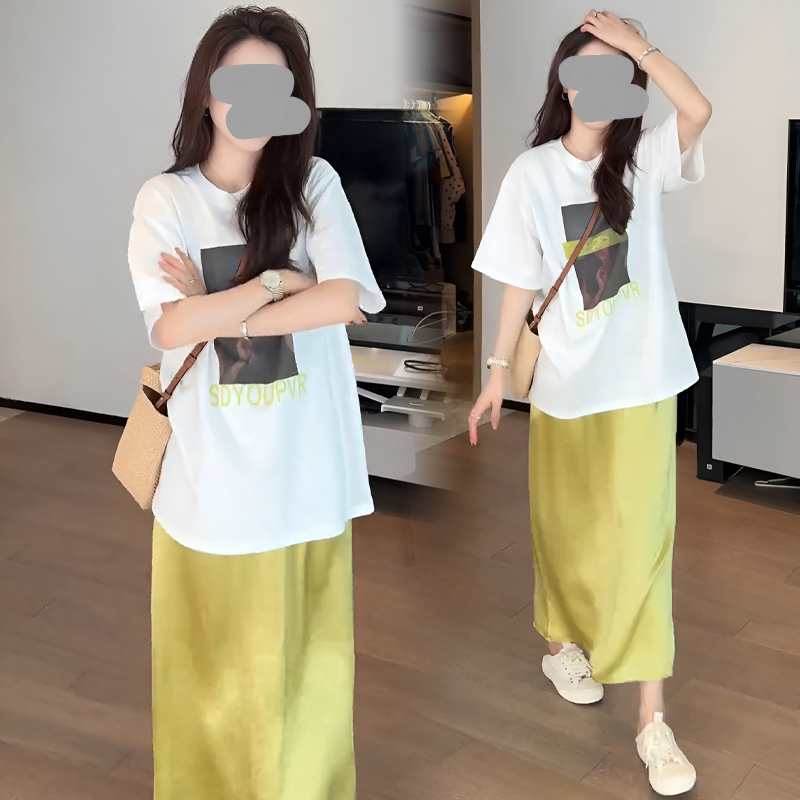 夏季穿搭一整套大码胖mm短袖T恤半身裙温柔减龄多巴胺气质套装