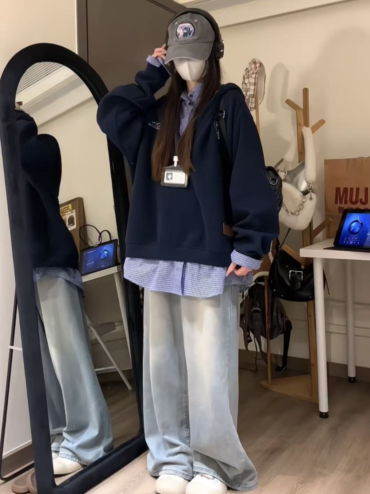 秋季韩版街头风宽松显瘦上衣格纹拼接假两件长袖连帽卫衣994561