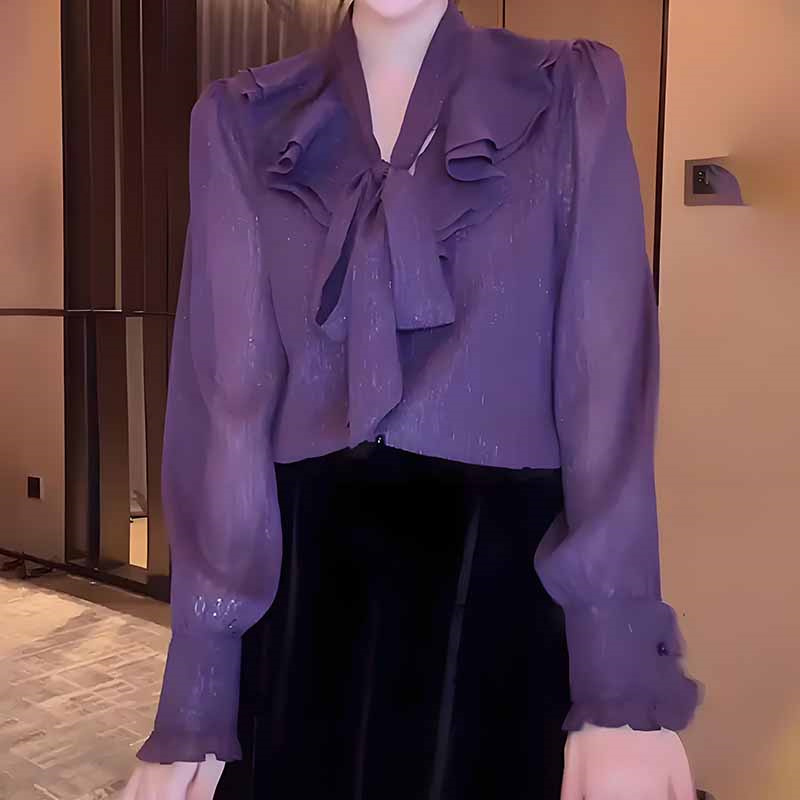 紫色V领衬衫女士2025秋季新款高级感气质减龄宽松显瘦荷叶边上衣