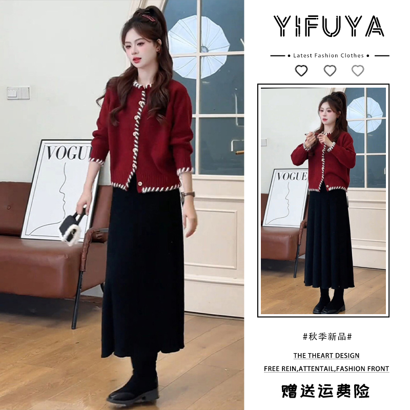 套装2025新款女装秋冬小个子韩系搭配一整套红色拼接上衣两件套裙