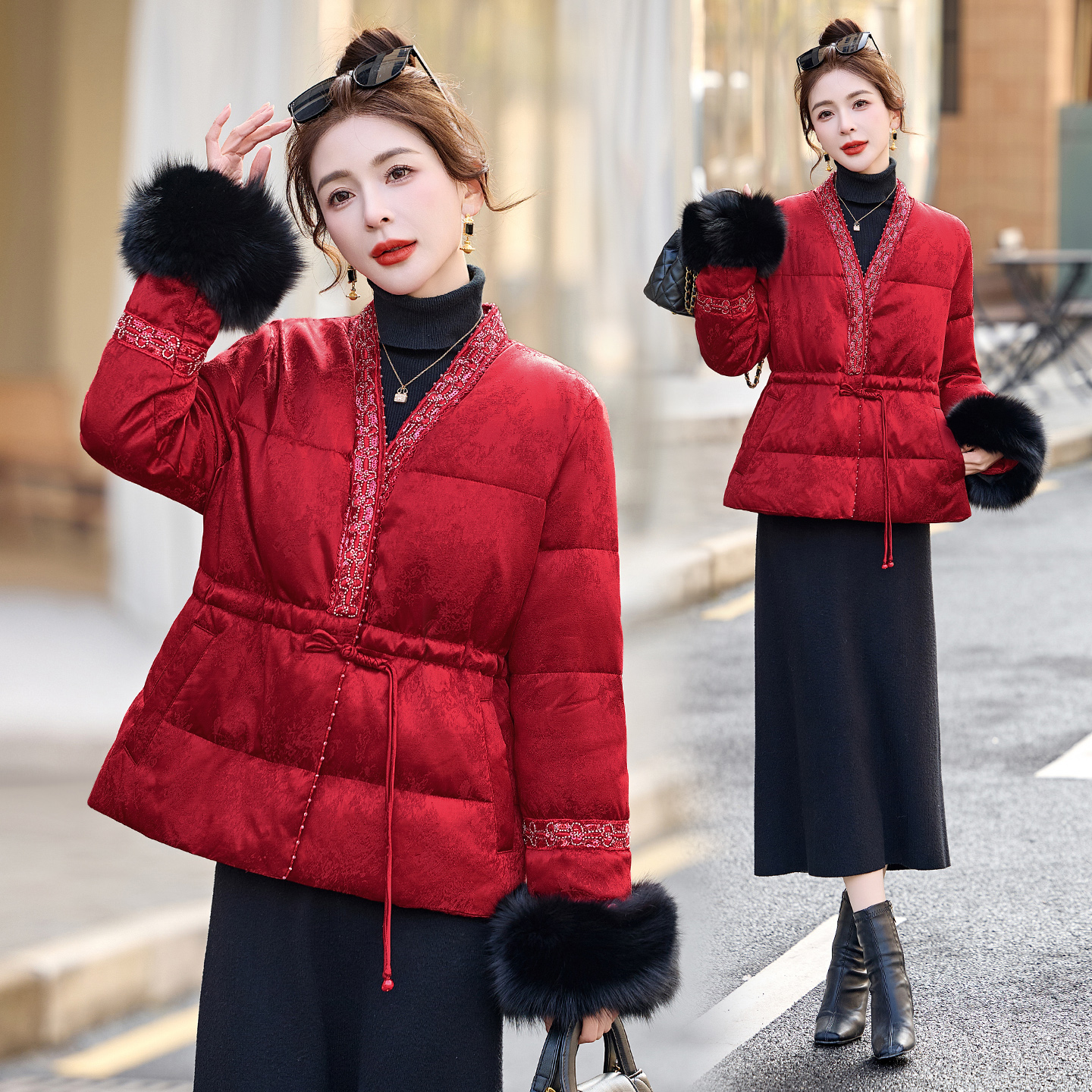 新中式国风复古刺绣新年红收腰显瘦真狐狸毛中长款羽绒服外套女