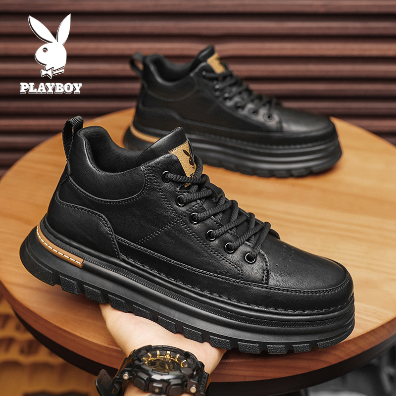 PLAYBOY/花花公子男鞋秋季爆款男士黑色工装运动板鞋英伦休闲皮鞋