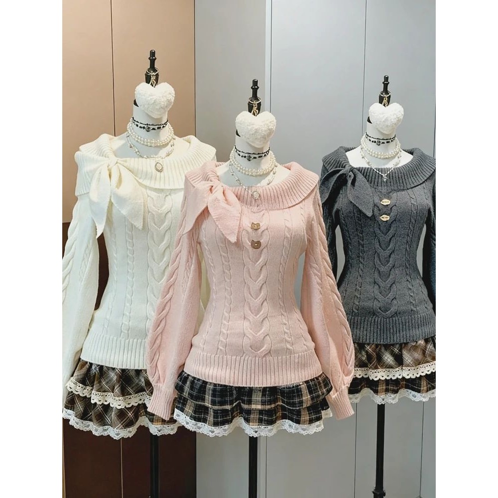 温柔风秀智粉色兔耳领麻花长袖针织衫女秋冬加厚收腰毛衣内搭上衣