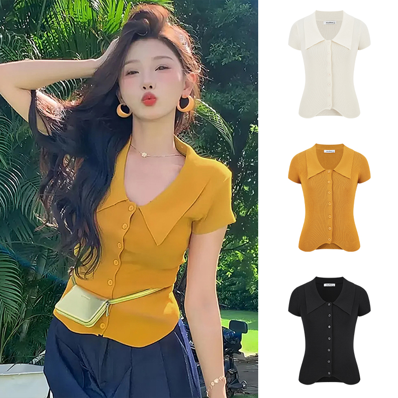 Moses Queen/魔西女王时尚复古翻领针织衫气质百搭修身显瘦上衣女