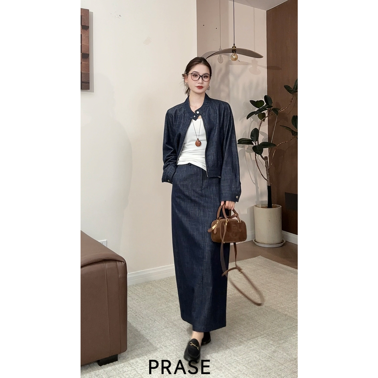 PRASE·噜【曼城旧事】微胖轻奢设计款秋苎麻棉牛仔套装PR507B40/39