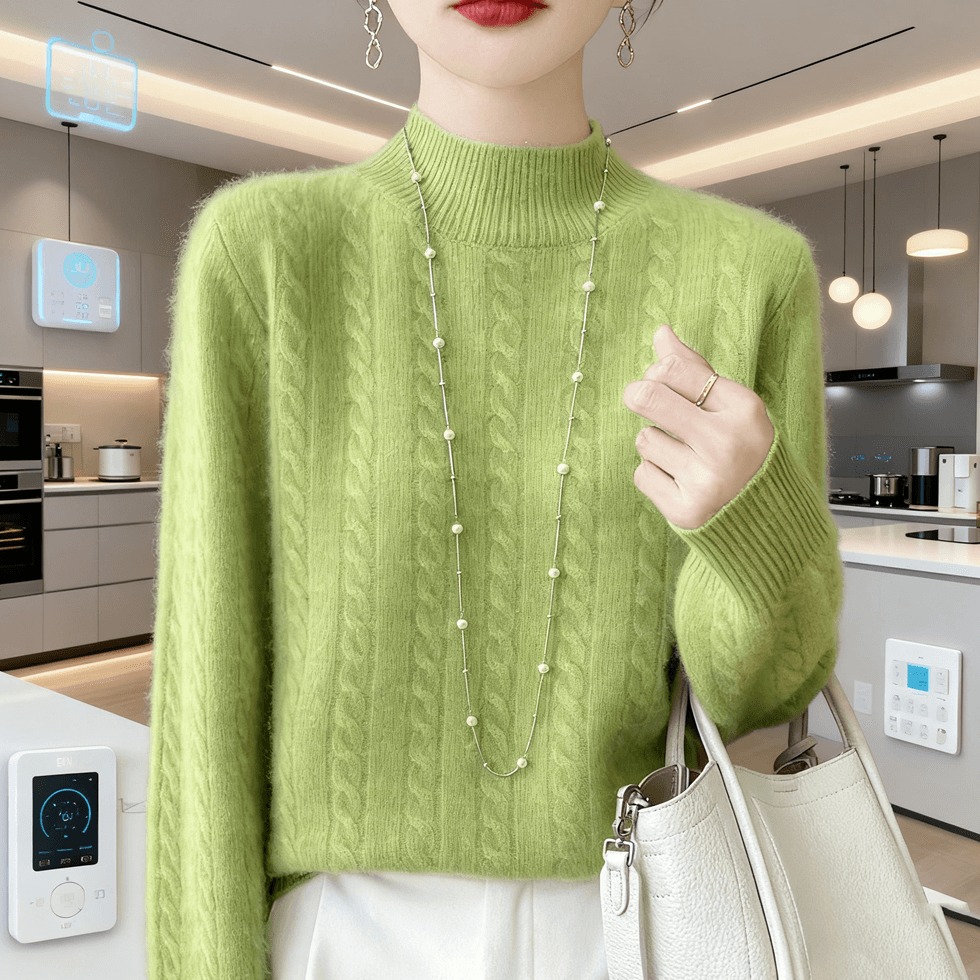 纯100羊绒衫女长袖加厚套头长袖针织衫绞花宽松半高领羊毛衫打底