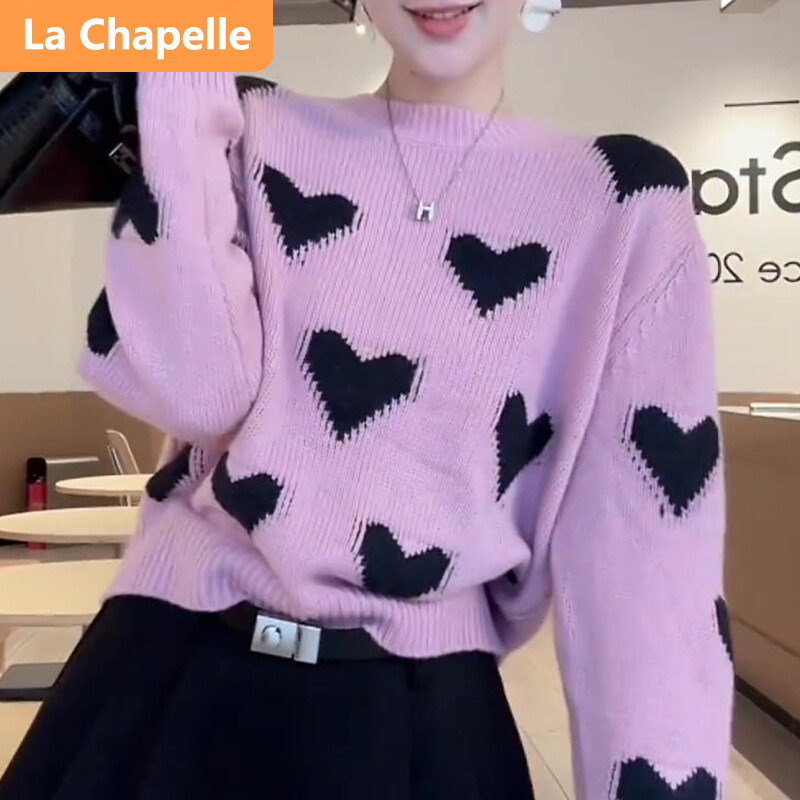 拉夏贝尔法式宽松厚款印花圆领少女风毛衣女秋冬时尚针织撞色套头