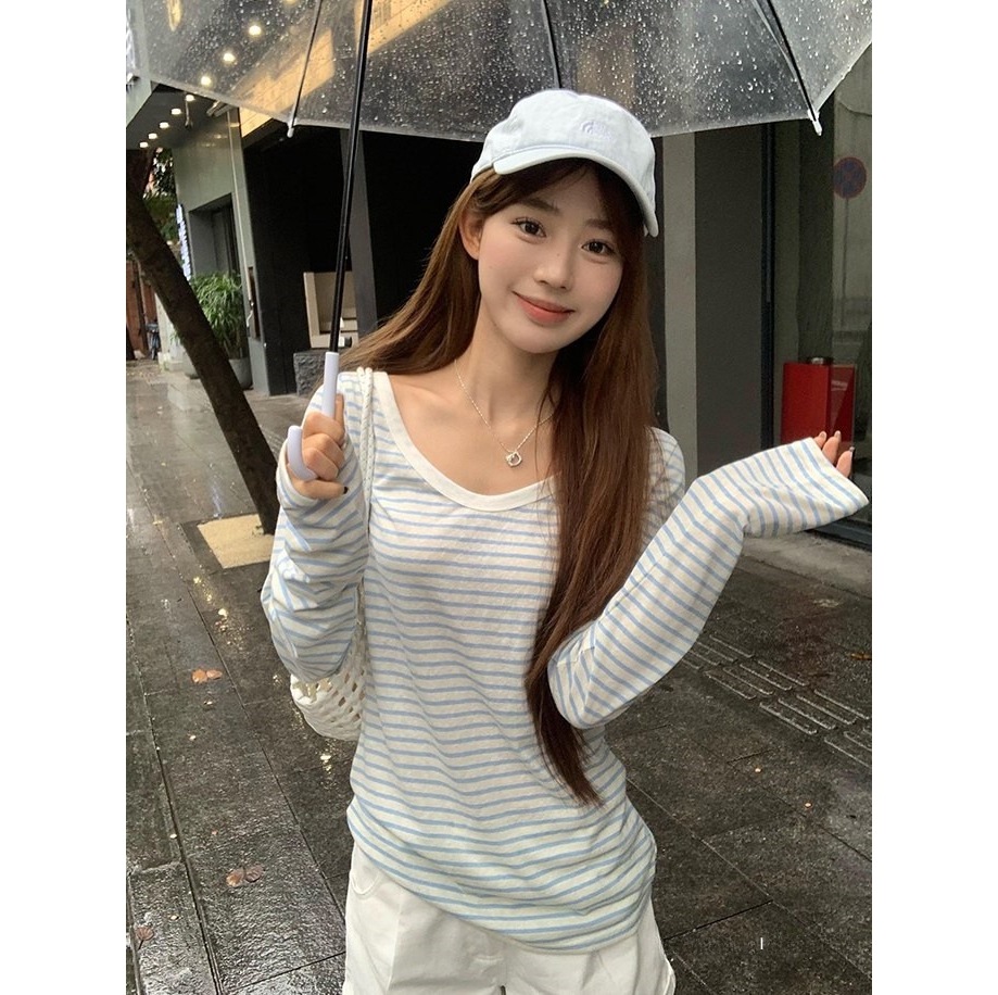 蓝色V领条纹防晒长袖t恤女夏日韩系松弛慵懒感宽松罩衫薄款小上衣