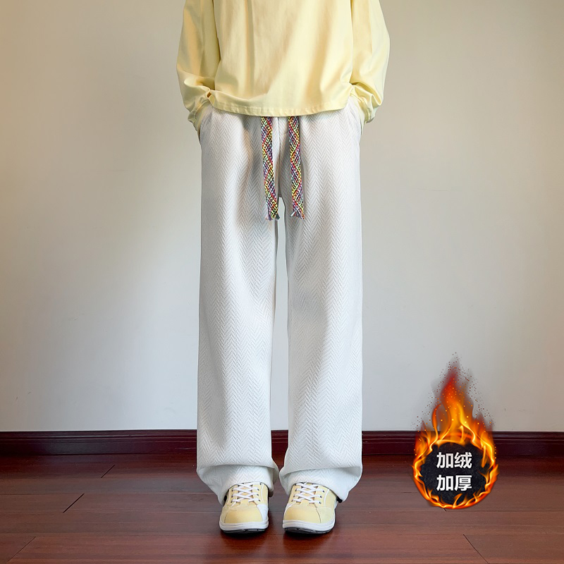 潮牌美式直筒加绒裤子男款秋冬季雪尼尔重磅卫裤麦穗纹运动休闲裤