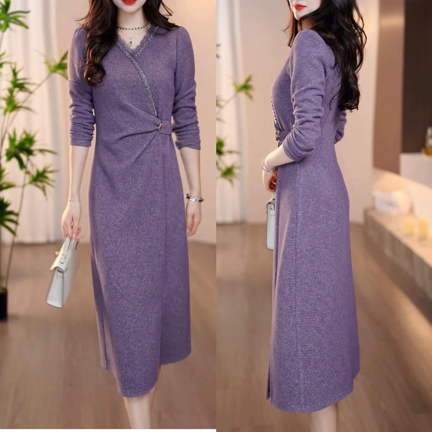 【衣雅严选】8101-2519#新款香芋紫优雅气质加厚保暖连衣裙