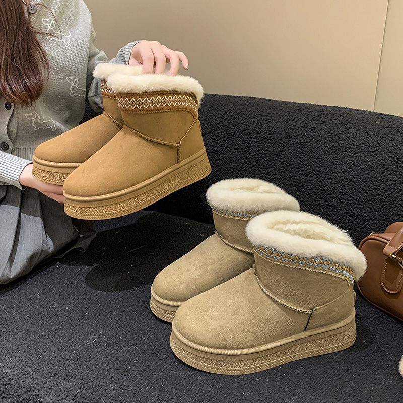 复古百搭精致编织纹理厚底雪地靴女2025冬季新款加绒加厚短筒棉鞋