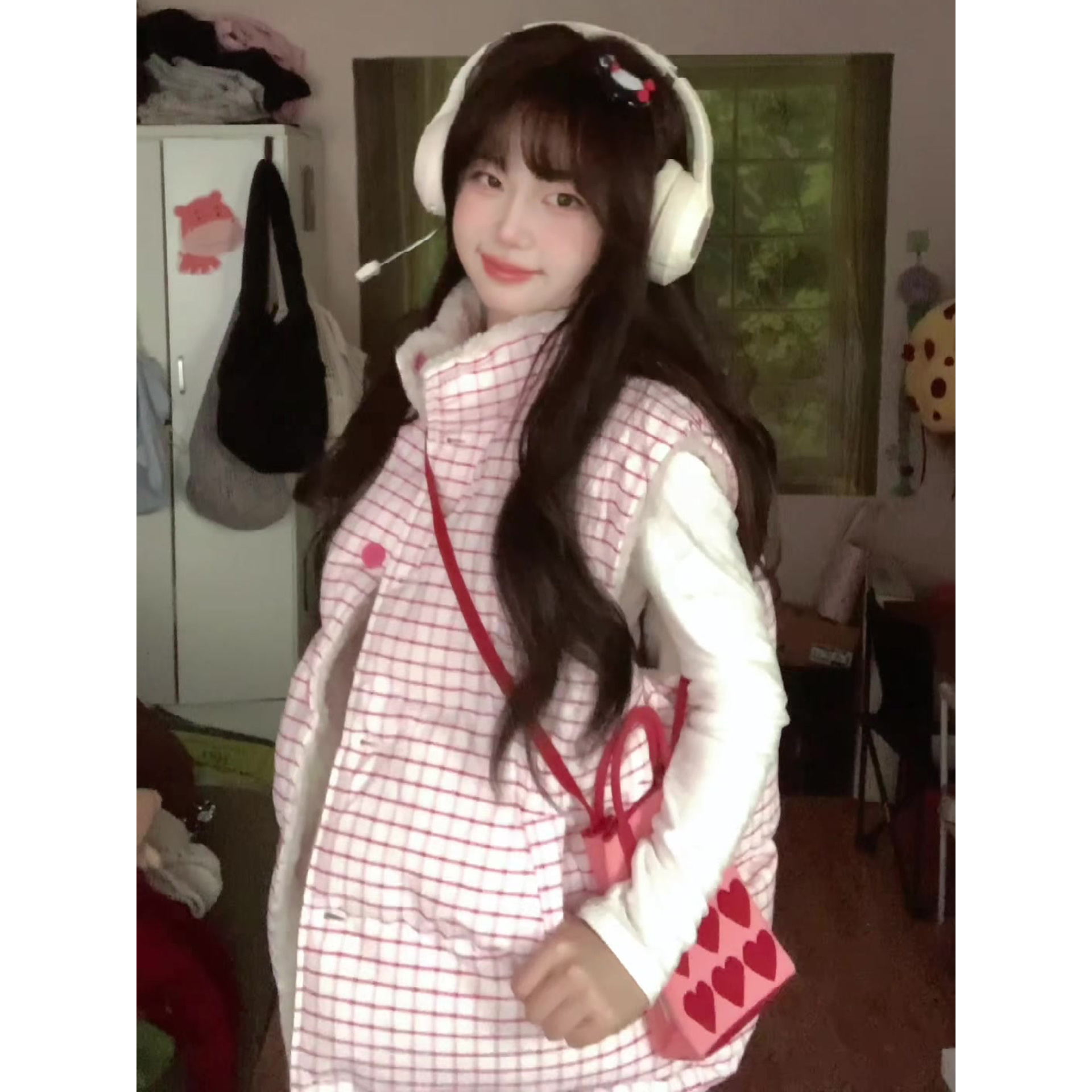 2025格子马夹正反两穿羊羔绒马甲秋冬甜美慵懒感外套可双面穿上衣