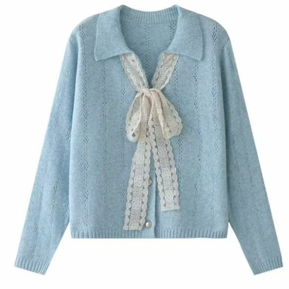 设计感气质系带蝴蝶结V领混纺毛衣开衫洋气减龄秋季针织衫外套女
