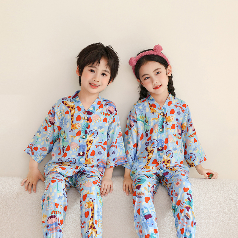 夏季薄款儿童棉绸睡衣男童女童七分袖家居套装女孩宝宝儿童睡衣