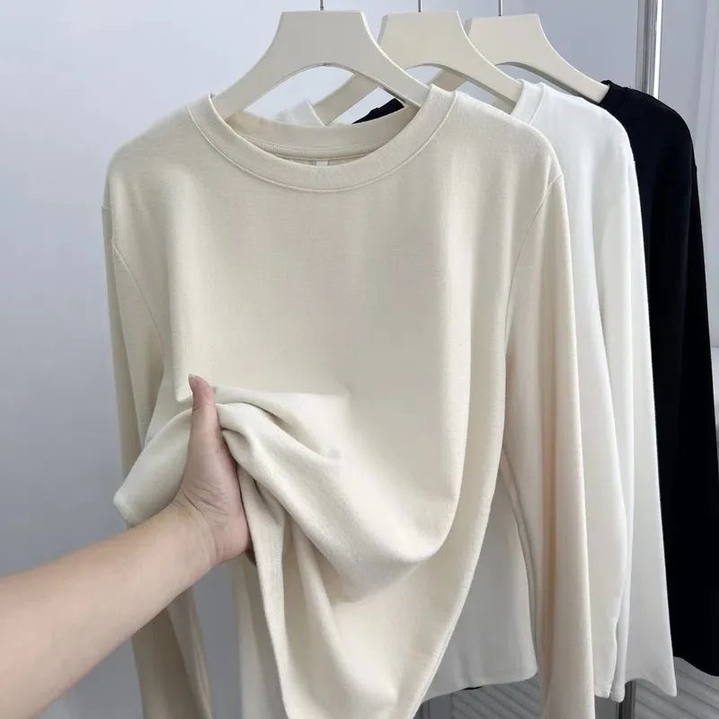 奥特莱斯~外贸余单秋冬温柔纯色圆领长袖T恤女宽松显瘦打底衫上衣